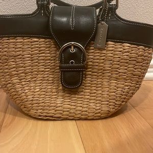 Coach Vintage Leather Wicker Straw Bucket Basket Tote Bag L3K-6270